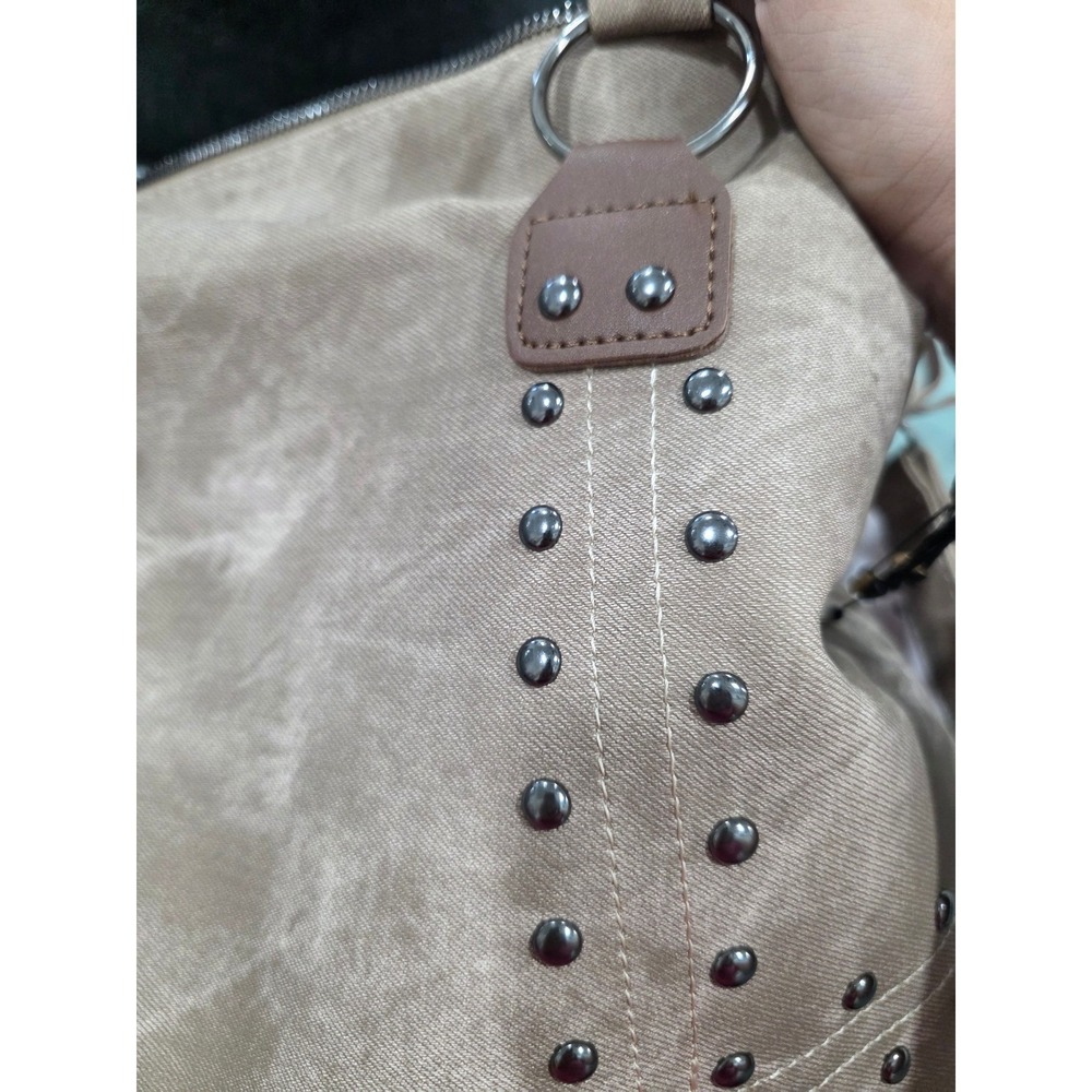 Tan Distressed Canvas Studded Shoulder Bag Western Boho Tote Khakir - Picture 7 of 8